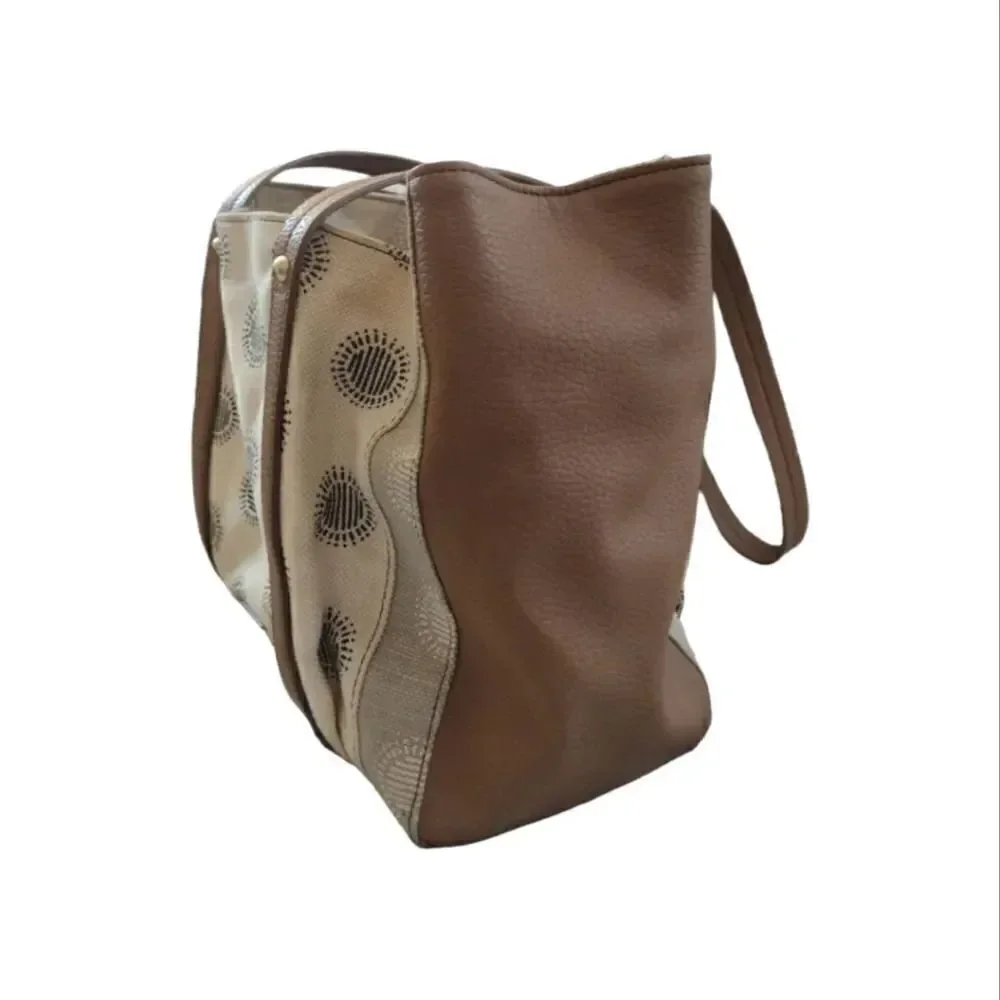 RELIC Printed Cream Canvas and Tan Faux Leather Shoulder Tote‎ Bag